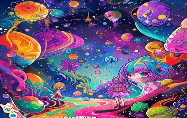 萝莉次元文化概念图，色彩缤纷的二次元ACG动漫风格插画场景，充满少女感与奇幻气息的创意宇宙